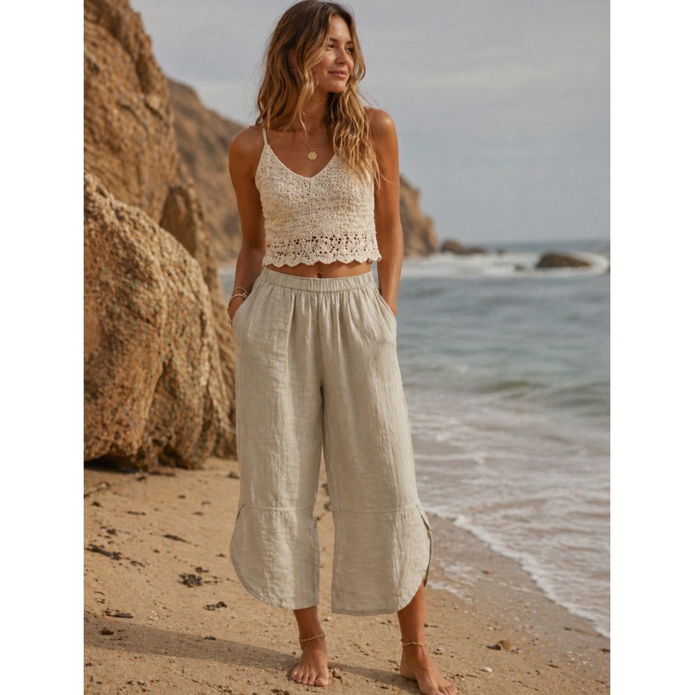 Terzo Millennio 100% Linen Wide Leg Elastic Waist Pants Oatmeal Beige Size Large